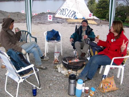 Morning coffee around the fire on day 5 of the South Fraser Protection Camp. Photo: Sandra Cuffe
