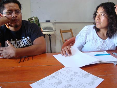 Bernardo Vásquez Sánchez and Rosalinda Dionicio Sánchez in the office of the Coordinating Committee of the United Villages of the Ocotlan Valley. Photo by Dawn Paley.