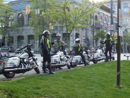 About 20 cops were set up around the rallying point at Victory Square, including these motorcycle cops.