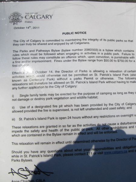 A Public Notice from the Calgary Parks Board for temporary state sanctioned occupation on St. Patricks Island