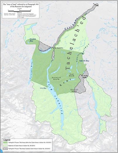 This map shows the area which has been declared aboriginal title lands of the Tsilhqot'in.
