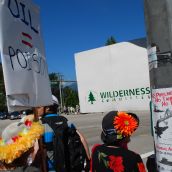Demonstration at Kinder Morgan in Burnaby, BC:  No Pipelines, No Tankers, No Freeways, No Tar Sands!