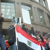 Speakers from different communities and organizations in Vancouver spoke out in support of the people of Egypt and Tunisia. Photo: Sandra Cuffe