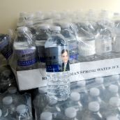 In the office: bottled water featuring MP's face for Canada Day