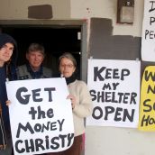 Housing advocates Nathan Crompton, Rider Cooey and Letizia Waddington vow to keep shelter open