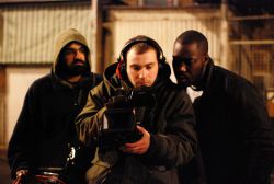 Anarchist filmmaker Gregory Hall (centre) on the set for "Bruised" (2012)