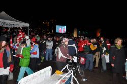 Lefleting the torch relay crowd in Whistler