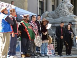 Hereditary Chief Robert Joseph, Chief Robert Mountain, Hereditary Chief William Wasden, Chief Bob Chamberlin,Eddie Gardner, (Skwah Elder), Grand Chief Stewart Philip and  Chief Marilyn Baptiste stand together to say, not for the first time,"Get the fish farms out already!!!"