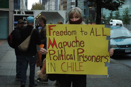 A demonstrator stands in silent solidarity with the Mapuche people