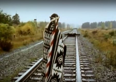 Art Loring, Eagle Clan, blockading the CNR in Gitksan territory, from the film "Blockade," by Nettie Wild.