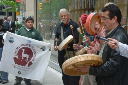 Demonstrators from Chile, Tsilhqot'in territory and elsewhere at Taseko's AGM on Friday June 1 // Photo by @BeyondAid