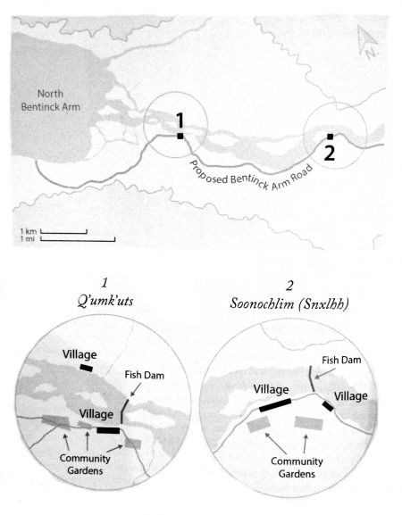 Nuxalk traditional villages, coinciding with the Cavendish Venables 1861 map of the mouth of the Bella Coola River. Diagram from Swanky's book, page 184.