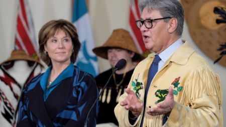 Ed John and Christy Clark, November 21 2016, presenting the Special Advisor's report in Musqueam. Photo by BC Government.