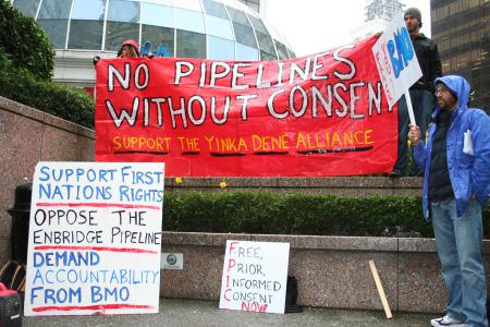 NO PIPELINES WITHOUT CONSENT banner in support of the Yinka Dene Alliance. March 22, 2011. Photo: Sandra Cuffe