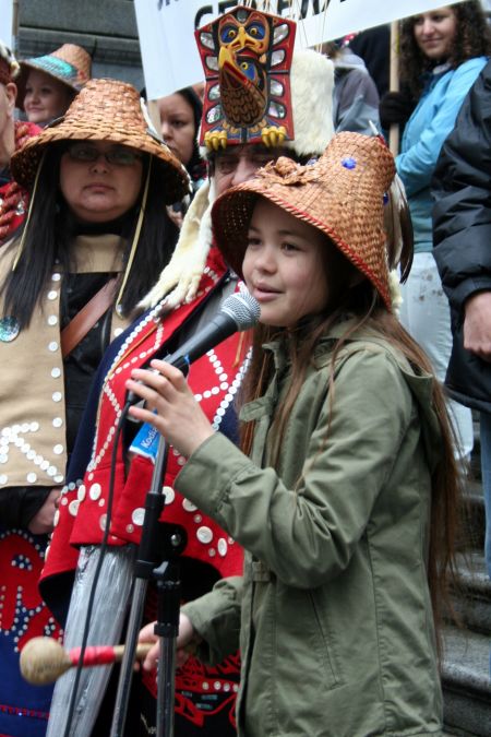 11-year-old Sliammon Nation signer-songwriter Ta'Kaiya Blaney performed 'Shallow Waters' for the rally against oil pipelines and tankers. Vancouver, March 26, 2012. Photo: Sandra Cuffe
