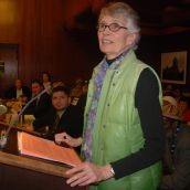Carnegie Community Action Project's Jean Swanson at the mike