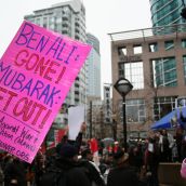 "Ben Ali Gone, Mubarak Get Out!" reads a sign at the January 29 rally in Vancouver. Photo: Sandra Cuffe