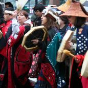 Heiltsuk-led march towards the Vancouver Art Gallery. Vancouver, March 26, 2012. Photo: Sandra Cuffe