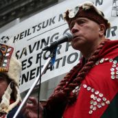 Edwin Newman of the Heiltsuk Nation addresses the rally. Vancouver, March 26, 2012. Photo: Sandra Cuffe