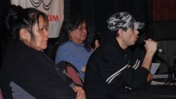 Left to Right) indigenous activists Carol Martin, Art Manuel and (speaking) Gord Hill // Photo by Murray Bush