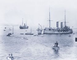 Komagata Maru ship seen on the extreme left, being escorted out by a Canadian Naval Ship.