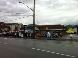 More than 40 folks gathered at Conservative MP Mark Strahl's office in Chilliwack to put him on watch for his support of back-room, undemocracti, pro-tar sands policies. 